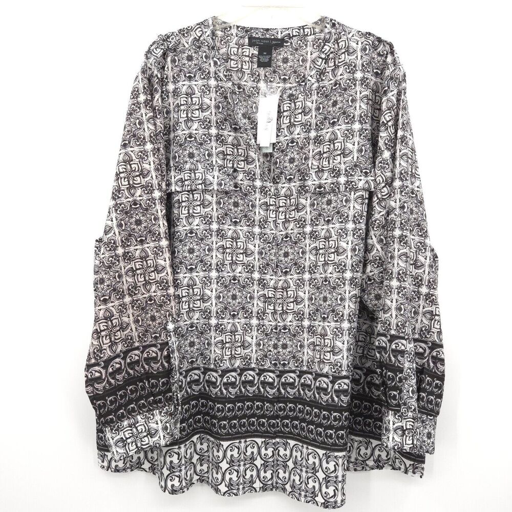 Joan Voss NWT button up blouse womens Plus Size 3X black white print long sleeve